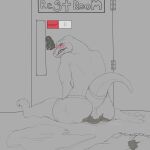  1:1 absurd_res anthro bathroom blush bodily_fluids clothing clothing_aside crying dinosaur embarrassed genital_fluids hi_res kyain lizard male omorashi reptile scalie sketch solo solo_focus tears underwear undressing urine watersports wetting 