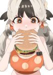  1girl absurdres arknights bbizim03 bikini black_hair blush breasts burger crying crying_with_eyes_open eating food grey_hair highres holding holding_food large_breasts long_hair multicolored_hair orange_bikini orange_eyes polka_dot polka_dot_bikini simple_background snowsant_(arknights) solo swimsuit tears two-tone_hair upper_body white_background 