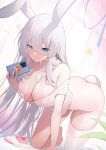  1girl all_fours anastasia_(fate) animal_ears apple_caramel bare_shoulders blue_eyes blush bottomless breasts cellphone commentary_request fate/grand_order fate_(series) food hair_over_one_eye heart_pasties highres large_breasts long_hair looking_at_viewer no_panties off_shoulder one_breast_out pasties phone rabbit_ears rabbit_girl rabbit_tail single_thighhigh skindentation solo sweets tail thighhighs very_long_hair white_hair 