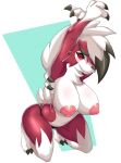  anthro areola big_breasts bikini bikini_bottom blush breasts canid canine cannedtaco claws clothing female fur generation_7_pokemon hi_res looking_at_viewer lycanroc mammal midnight_lycanroc nintendo nipples pink_areola pink_nipples pokemon pokemon_(species) red_body simple_background smile solo swimwear white_body white_fur 