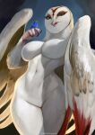  anthro avian barn_owl beak big_breasts bird breasts feathers featureless_breasts featureless_crotch female feral guardians_of_ga&#039;hoole hi_res holding_animal juliathedragoncat looking_at_viewer masked_owl nude nyra_(gogh) open_mouth outside owl smile solo solo_focus standing text thick_thighs tytonid white_body wings 