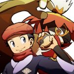  1boy beak bird black_eyes black_hair feathers hat highres hisuian_decidueye holding holding_poke_ball kuroki_shigewo looking_at_another orange_eyes owl poke_ball poke_ball_(legends) pokemon pokemon_(creature) pokemon_(game) pokemon_legends:_arceus red_headwear red_pupils red_scarf rei_(pokemon) scarf short_hair smile upper_body white_background winged_arms wings winter_clothes 