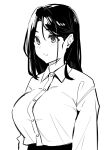  1girl blush breasts closed_mouth collared_shirt commentary_request dress_shirt eyebrows_hidden_by_hair greyscale highres kekemotsu large_breasts long_hair monochrome original parted_bangs shirt simple_background solo thick_eyebrows upper_body white_background 