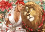  1girl bouquet breasts cleavage dark-skinned_female dark_skin dress earrings flower flower_collar jewelry laurel_crown lion marisa_(street_fighter) muscular muscular_female necklace no_bra official_alternate_costume official_alternate_hairstyle red_hair rose sitting smile street_fighter street_fighter_6 toko_(tokkotoritori) 