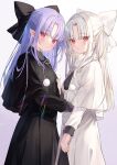  2girls black_bow black_capelet black_dress bow capelet commission dress expressionless hair_bow hakua_aa highres len_(tsukihime) long_hair long_sleeves looking_at_viewer multiple_girls pom_pom_(clothes) purple_hair red_eyes skeb_commission tsukihime white_bow white_capelet white_dress white_hair white_len_(tsukihime) 
