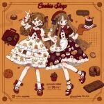  2girls :o ahoge animal_print apron artist_name badge bear_print beret black_bow blue_eyes blush_stickers bow bowtie bridal_garter briefcase brown_bag brown_footwear brown_hair brown_shirt brown_skirt buttons cake candy center_frills cherry_earrings cherry_print chocolate chocolate_bar chocolate_cake collar collared_shirt commentary commission cookie_hair_ornament cookie_print cross-laced_footwear earrings english_commentary english_text eyelashes eyeshadow food food-themed_earrings food-themed_hair_ornament food_print footwear_bow fork frilled_apron frilled_shirt_collar frilled_skirt frills fruit full_body hair_bow hair_bun hair_ornament hand_on_another&#039;s_arm hand_up hat heart heart_button heart_earrings high_heels highres holding holding_fork holding_plate jewelry lace-trimmed_sleeves lace_trim layered_skirt lolita_fashion long_hair looking_at_viewer makeup medium_skirt mittens multiple_girls napkin neck_ribbon open_mouth orange_background orange_mittens original oven_mitts plate puffy_short_sleeves puffy_sleeves pumps putong_xiao_gou red_bow red_bowtie red_eyeshadow red_footwear red_garter_belt red_headwear red_lips ribbon shirt short_sleeves single_mitten single_side_bun skirt skirt_set socks speech_bubble strawberry strawberry_hair_ornament striped striped_bow teeth two_side_up upper_teeth_only v waist_apron wavy_hair white_apron white_collar white_ribbon white_shirt white_skirt white_socks 