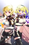  2girls :d absurdres black_pants black_thighhighs blonde_hair blue_eyes blue_hairband breasts cape citrinne_(fire_emblem) cleavage commentary_request constance_von_nuvelle fire fire_emblem fire_emblem:_three_houses fire_emblem_engage hairband high_collar highres large_breasts leggings long_sleeves looking_at_viewer midriff mu_tu_bu multiple_girls navel open_mouth pants red_eyes single_thighhigh smile standing stomach thighhighs thighs wing_hair_ornament 