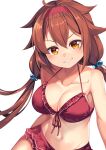  1girl ahoge bare_shoulders bikini bikini_skirt blush brown_hair collarbone commentary_request cosplay daiwa_scarlet_(umamusume) daiwa_scarlet_(umamusume)_(cosplay) front-tie_bikini_top front-tie_top grin hairband highres kantai_collection long_hair looking_at_viewer navel red_bikini red_hairband red_skirt shiratsuyu_(kancolle) simple_background skirt smile solo stomach swimsuit umamusume upper_body very_long_hair white_background yasume_yukito yellow_eyes 