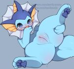  2023 blep blue_eyes blue_pawpads digital_media_(artwork) eeveelution female feral generation_1_pokemon genitals nintendo pawpads pokemon pokemon_(species) pussy seviyummy simple_background solo spread_legs spreading text tongue tongue_out url vaporeon 