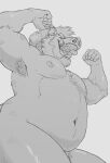  2023 anthro armpit_hair beard belly biceps body_hair butt chest_tuft eyes_closed facial_hair flexing flexing_bicep flexing_both_biceps greyscale hi_res low-angle_view male mammal manly monochrome musclegut muscular navel nipples open_mouth pecs pubes skaifox slightly_chubby solo suid suina sus_(pig) triceps tuft tusks wild_boar 