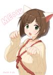  1girl animal_ears blush breasts brown_hair cat_ears collarbone dated dot_nose fake_animal_ears green_eyes hands_up idolmaster idolmaster_cinderella_girls idolmaster_cinderella_girls_starlight_stage large_breasts long_sleeves looking_at_viewer maekawa_miku open_mouth paw_pose red_ribbon ribbon ribbon-trimmed_shirt shirt short_hair simple_background sleeves_past_wrists solo striped striped_shirt twitter_username white_background yellow_shirt youdie 