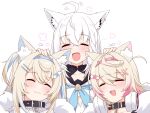  3girls ahoge animal_ear_fluff animal_ears black_collar blonde_hair blue_eyes blue_hair blush closed_eyes closed_mouth collar commentary dog_ears dog_girl english_commentary fang felutiahime fox_ears fox_girl fuwawa_abyssgard hair_between_eyes hair_ornament headpat headphones headphones_around_neck highres hololive hololive_english jacket long_hair mococo_abyssgard multicolored_hair multiple_girls open_mouth pink_eyes pink_hair revision shirakami_fubuki shirakami_fubuki_(1st_costume) siblings sisters skin_fang smile streaked_hair twins virtual_youtuber white_background white_hair 