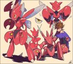  1boy blue_oak brown_hair bug claws film_grain highres holding holding_poke_ball horns insect_wings jewelry kwsby_124 necklace on_one_knee poke_ball poke_ball_(basic) pokemon pokemon_(creature) scizor shadow signature spiked_hair standing sweatdrop wings yellow_eyes 