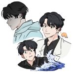  1boy black_hair black_shirt blue_hoodie closed_mouth collared_shirt commentary eoduun_badaui_deungbul-i_doeeo godst0812 heart heterochromia hood hood_down hoodie korean_commentary male_focus multiple_views park_moo-hyun shirt short_hair simple_background smile upper_body water whale white_background 