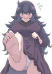  1girl blue_eyes blue_hair breasts dress feet hex_maniac_(pokemon) highres holding holding_clothes looking_at_viewer looking_down panties perapera pokemon purple_dress solo underwear 
