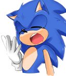 1boy animal_ears animal_nose blue_fur closed_eyes drooling emerald1999 furry furry_male gloves hand_up hedgehog hedgehog_ears highres male_focus open_mouth simple_background sleepy solo sonic_(series) sonic_the_hedgehog standing tears teeth tongue white_background white_gloves yawning 