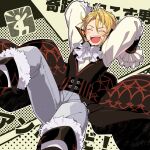  1boy :d amber_(fire_emblem) ascot blonde_hair closed_eyes fire_emblem fire_emblem_engage frilled_sleeves frills fur_trim highres l_(matador) long_sleeves open_mouth short_hair smile solo teeth upper_teeth_only white_ascot 