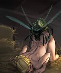  1girl artist_request bent_over bestiality blonde_hair copyright_request hair_bun hands_on_ground hay highres implied_sex looking_back non-web_source nude sex sex_from_behind shoes tears top-down_bottom-up wasp wings 