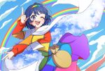  1girl absurdres blue_eyes blue_hair blue_sky cape cloud dress highres index_fingers_raised medium_hair miz_(mizillustration) multicolored_clothes multicolored_dress multicolored_hairband one_eye_closed open_mouth pointing pointing_forward pointing_up rainbow sky sky_print tenkyuu_chimata touhou white_cape zipper 