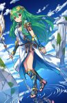  1girl absurdres armor blue_sky character_request closed_mouth cloud dress dutch_angle floating_hair frown full_body green_hair hair_between_eyes hair_ornament highres holding holding_staff kuuron_(moesann17) long_hair red_eyes shoulder_armor side_slit sky solo staff very_long_hair walking water white_dress 