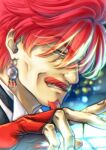  1boy absurdres alternate_hair_color blurry blurry_background earrings facial_hair fingerless_gloves gloves goatee hair_over_eyes hand_up highres ikeda_tsukasa jewelry lau_chan mustache red_gloves red_hair solo twitter_username virtua_fighter yellow_eyes 
