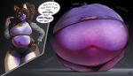 2023 absurd_res anthro before_and_after belly big_belly big_breasts black_bottomwear black_clothing black_shorts blue_clothing blue_jacket blue_topwear blueberry_inflation bottomwear breasts brown_body brown_fur brown_hair candy claire_(disambiguation) clothing conjoined_speech_bubble dessert dialogue digital_media_(artwork) english_text eyebrows female food fur gradient_background gradient_text grey_background grey_text gum gym_bottomwear gym_clothing gym_shorts hair hand_on_hip hi_res holding_object inflation jacket low-angle_view motion_outline multicolored_body multicolored_fur navel onomatopoeia ponytail purple_text raised_eyebrow rumbling_stomach sequence shirt shorts signature simple_background smug solo sound_effects speech_bubble t-shirt tan_body tan_fur text topwear torn_clothing two_tone_body two_tone_fur unknown_species wavy_hair white_clothing white_shirt white_t-shirt white_topwear zoidberg656art 
