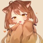  1girl :d ahoge animal_ears blush brown_hair brown_sweater commentary fang hands_up heart highres long_hair long_sleeves looking_at_viewer open_mouth re:act sawamaru_0528 shishigami_leona simple_background sleeves_past_wrists smile solo sweater upper_body virtual_youtuber yellow_eyes 