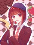  1girl arima_kana beret bob_cut chocolate food fruit hat highres inverted_bob looking_at_viewer necktie open_mouth oshi_no_ko purple_headwear red_eyes red_hair red_vest short_hair smile solo strawberry upper_body vest xingfulun16203 