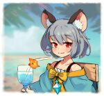  1girl adapted_costume animal_ear_fluff animal_ears blush border closed_mouth cloud commentary_request day grey_hair jewelry light_smile looking_at_viewer mouse_ears nazrin outdoors pendant red_eyes short_hair sky solo touhou upper_body white_border yoshiyuki_(14330975) 