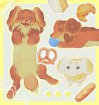  baguette ball black_eyes border bread closed_mouth croissant dachsbun fidough food full_body highres looking_at_viewer lying marill multiple_views no_humans nyowa_pomu_pie on_back on_stomach open_mouth pokemon pokemon_(creature) pretzel smile tongue tongue_out yellow_border 