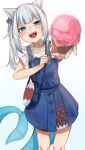  1girl animal_ears bag blue_eyes blue_hair cat_ears denim_dress food gawr_gura haido_(unisan) highres holding holding_food hololive hololive_english ice_cream looking_at_viewer medium_hair multicolored_hair open_mouth overall_skirt sharp_teeth shirt short_sleeves shoulder_bag side_ponytail simple_background solo streaked_hair tail teeth upper_teeth_only white_background white_hair white_shirt 