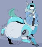  belly big_belly blue_body blue_hair borg-er clothing hair hi_res inky_entropy jacket machine male onomatopoeia paws robot smug solo sound sound_effects synthetic tail taur text topwear vore white_body 