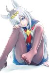  1girl ahoge animal_ears black_pantyhose blue_eyes blue_sailor_collar blue_skirt foreshortening full_body grey_hair horse_ears horse_girl long_hair looking_at_viewer neckerchief no_shoes oguri_cap_(umamusume) open_mouth panties pantyhose red_neckerchief sailor_collar shirt simple_background sitting skirt toes umamusume underwear white_background white_panties white_shirt yamakou_(pixiv16324) 