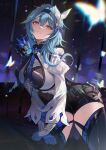  1girl black_hairband black_thighhighs blue_gloves blue_hair blue_necktie commentary_request eula_(genshin_impact) genshin_impact gloves hair_ornament hairband highres juliet_sleeves komuer long_hair long_sleeves looking_at_viewer necktie parted_lips puffy_sleeves shirt solo thighhighs thighs white_shirt wide_sleeves yellow_eyes 