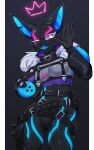  absurd_res anthro black_body canid canine canis clothing collar crop_top female fur_coat glistening glistening_body glowing glowing_markings hi_res mammal markings midriff neon notched_ear one_eye_closed pack_leader_highwire shirt solo tokonuri topwear wink wolf 