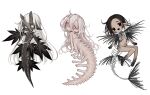  3girls :d artist_name black_eyes black_hair black_ribbon black_skin blush collar colored_skin commentary detached_collar ear_tag extra_arms fins full_body hair_between_eyes highres horns ishida_umi long_hair long_tail looking_at_viewer medium_hair monster_girl multiple_girls multiple_legs neck_ribbon nude open_mouth original pointy_ears red_eyes ribbon scales sharp_teeth simple_background skeletal_tail smile star-shaped_pupils star_(symbol) symbol-only_commentary symbol-shaped_pupils tail teeth very_long_hair watermark white_background white_collar white_eyes white_hair 