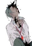  1boy adachi_tooru blood blood_on_clothes blood_on_face blood_splatter blue_eyes collared_shirt commentary_request grey_hair grey_pants kaninn long_sleeves looking_up male_focus necktie open_mouth pants partially_unbuttoned persona persona_4 red_necktie see-through see-through_shirt shirt short_hair simple_background sitting smile solo undone_necktie wet wet_clothes white_background white_shirt 