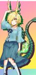  1girl black_footwear blonde_hair blue_shirt carbohydrate_(asta4282) commentary_request dragon_horns dragon_tail earrings green_skirt hair_over_one_eye highres horns jewelry multicolored_background otter_spirit_(touhou) shirt short_hair skirt socks spiked_shell tail touhou white_socks yellow_eyes 
