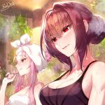  2girls bare_shoulders blush breasts cleavage fate/grand_order fate_(series) hair_between_eyes large_breasts long_hair medb_(fate) medium_breasts multiple_girls pink_hair purple_hair red_eyes redrop scathach_(fate) smile yellow_eyes 