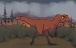  3_fingers 3_toes allosaurid allosaurus ambiguous_gender cloud detailed_background dinosaur feet feral fingers harper_(zagz) head_crest hi_res markings outside plant red_body reptile scalie shrub solo sunset tail tail_markings theropod toes tree walking yellow_eyes zagz 