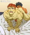 2boys absurdres ahegao anilingus bara blush colored_skin cum dark-skinned_male dark_skin drooling ejaculation from_above hand_on_another&#039;s_ass handsfree_ejaculation happy_sex highres male_focus multiple_boys muscular muscular_male original penis red_hair scar short_hair sweatdrop thick_eyebrows undercut uza_(hellme) yaoi yellow_skin 