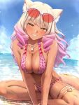  1girl animal_ears animal_print bare_shoulders beach belly_chain bikini blonde_hair blue_sky blush bracelet breasts cleavage collarbone dark-skinned_female dark_skin eyewear_on_head fate/grand_order fate_(series) fox_ears fox_girl fox_tail gradient_hair grin highres jewelry large_breasts leopard_print long_hair looking_at_viewer multicolored_hair navel necklace particle_sfs pink_bikini pink_hair shore sidelocks sitting sky smile solo sunglasses suzuka_gozen_(fate) suzuka_gozen_(swimsuit_rider)_(fate) swimsuit tail tan thighlet thighs yellow_eyes 