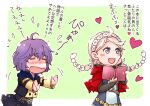  2girls ahoge belt bernadetta_von_varley blue_eyes blue_hood blush book braid capelet closed_eyes ebi_puri_(ebi-ebi) fire_emblem fire_emblem:_three_houses fire_emblem_fates fujoshi garreg_mach_monastery_uniform hairband heart holding holding_book hood hood_down hooded_capelet long_hair looking_to_the_side low_twin_braids multiple_girls nina_(fire_emblem) o-ring_harness open_mouth parted_bangs purple_hair red_capelet red_hood translation_request twin_braids white_hair white_hairband 