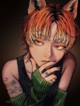  1girl animal_ears barcode black_nails brown_background crescent_moon crescent_tattoo detached_sleeves expressionless gradient_background gradient_hair green_eyes green_sleeves highres jewelry moon multicolored_hair orange_hair original rainbow ring ry_aw shadow solo tattoo 