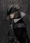  1girl absurdres black_cape black_headwear bloodborne cape closed_mouth crosshatching hat hatching_(texture) high_collar highres hunter_(bloodborne) jewelry light_brown_hair muramasa_mikado necklace one_eye_covered red_eyes short_hair solo strap tricorne 