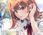  1girl :p adjusting_hair blurry blurry_background day drinking_fountain highres isshiki_iroha looking_at_viewer medium_hair orange_eyes orange_hair outdoors ponkan_8 red_ribbon ribbon shirt solo splashing tongue tongue_out white_shirt yahari_ore_no_seishun_lovecome_wa_machigatteiru. 