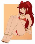  1boy anklet barefoot bulge crossdressing earrings feet freckles full_body hair_ribbon highres jewelry knees_up legs long_hair nail_polish orange_eyes original otoko_no_ko ponytail red_hair red_ribbon ribbon simple_background smile softhanten swimsuit toenail_polish toenails toes 