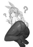  1girl ? @_@ animal_ear_fluff animal_ears armpit_crease ass blush braid commentary extra_ears feet fine_fabric_emphasis from_behind full_body greyscale hand_up highres hololive inamimi_(sheep1733) long_hair looking_at_viewer monochrome no_shoes panties panties_under_pantyhose pantyhose rabbit_ears rabbit_tail short_eyebrows sidelocks simple_background smile soles sweatdrop symbol-only_commentary tail thick_eyebrows topless twin_braids underwear usada_pekora v virtual_youtuber 