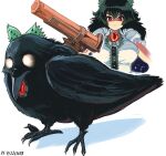  1girl absurdres bird black_hair bow breasts cannon closed_mouth commentary crow dated english_commentary glowing glowing_eyes green_bow hair_bow highres large_breasts long_hair multiple_views profitshame reiuji_utsuho reiuji_utsuho_(bird) signature simple_background third_eye touhou white_background 
