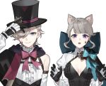  1boy 1girl :o adjusting_clothes adjusting_headwear animal_ear_fluff animal_ears aqua_bow az192837465 bare_shoulders black_cape black_gloves black_headwear black_leotard blue_bow blue_cape blunt_bangs blush bow bowtie breasts brother_and_sister buttons cape cat_ears center_frills cleavage commentary detached_sleeves english_commentary eyelashes facial_mark fangs frilled_leotard frilled_shirt_collar frills genshin_impact gloves grey_hair hair_over_one_eye hands_up hat highres juliet_sleeves leotard long_sleeves looking_at_viewer lynette_(genshin_impact) lyney_(genshin_impact) medium_breasts one_eye_covered open_mouth parted_bangs parted_lips puffy_sleeves purple_eyes red_bow red_bowtie red_cape shirt short_hair shrug_(clothing) siblings sidelocks simple_background single_bare_shoulder sleeveless sleeveless_shirt smile star_(symbol) star_facial_mark swept_bangs teardrop_facial_mark teeth top_hat two-sided_cape two-sided_fabric two-tone_gloves upper_body upper_teeth_only white_background white_gloves white_shirt white_sleeves 